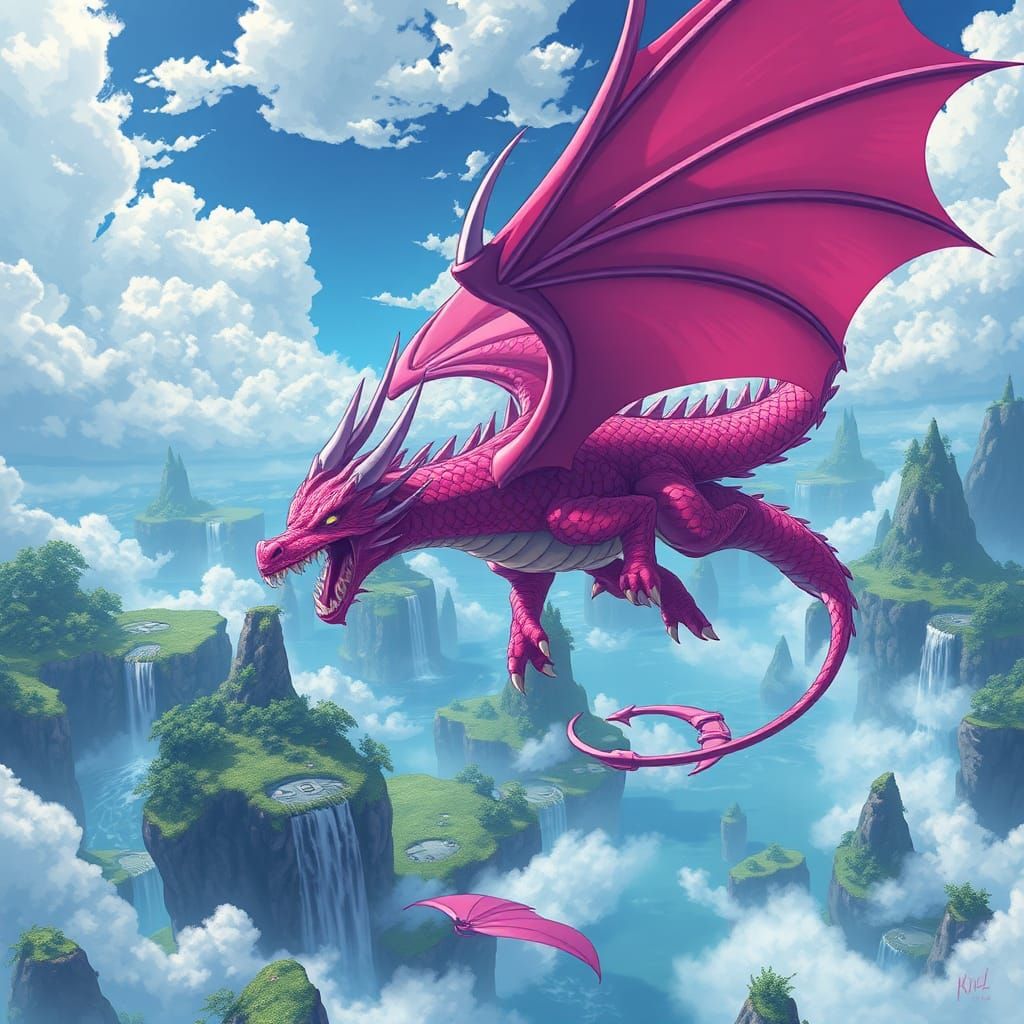 Pink Dragon Flight Over Floating Islands, Anime Style