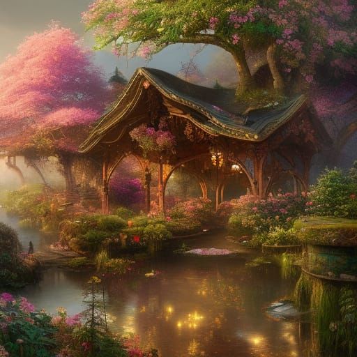 Enchanted Cottage in Hyperdetailed Solarpunk Landscape