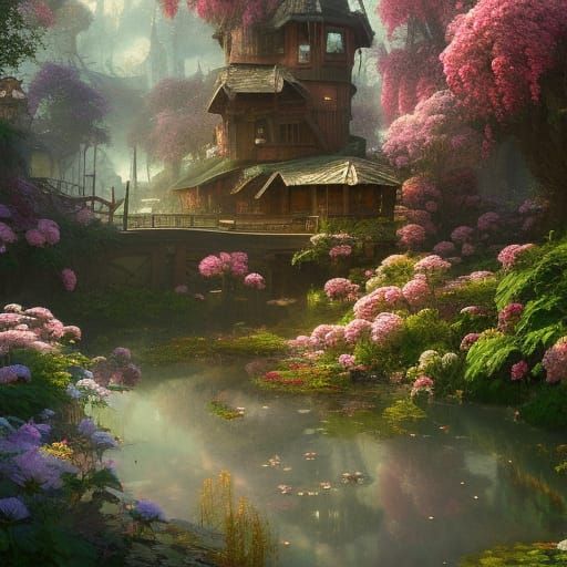 Lush Landscape with Fairy Cottage, Digital Matte Painting