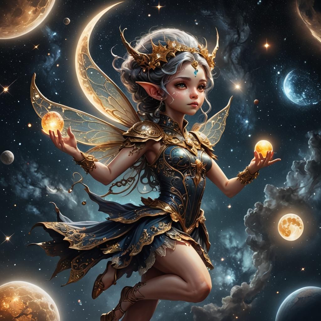 Ornate Fairy Flying Through Space with Moon