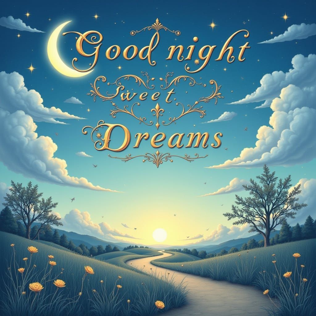 Whimsical Dusk Landscape with Crescent Moon and Fireflies