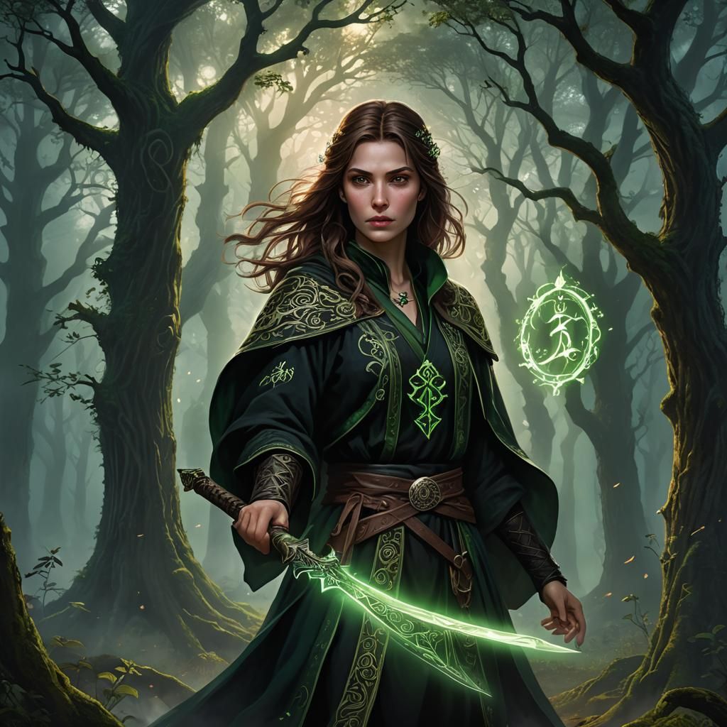 Girl with Glowing Scimitar in Mystical Forest