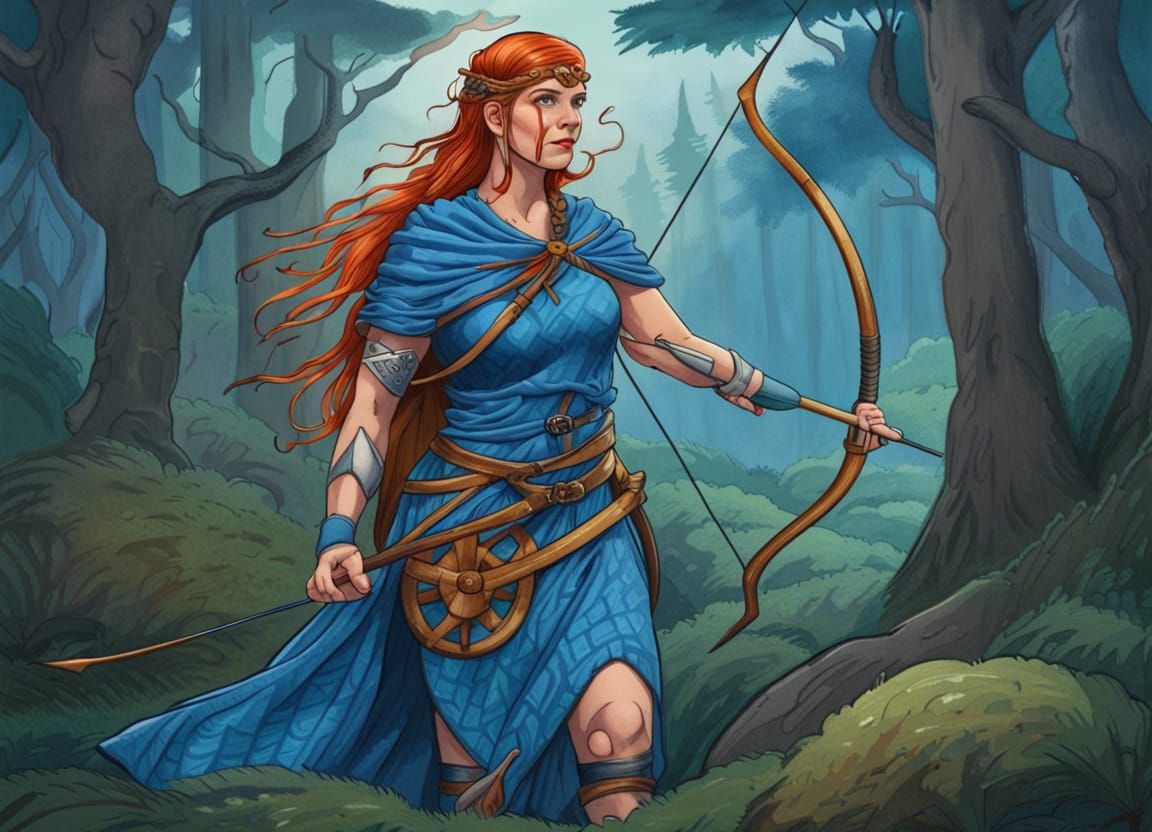 Brave Pictish Warrior Hiding in Forest Cartoon