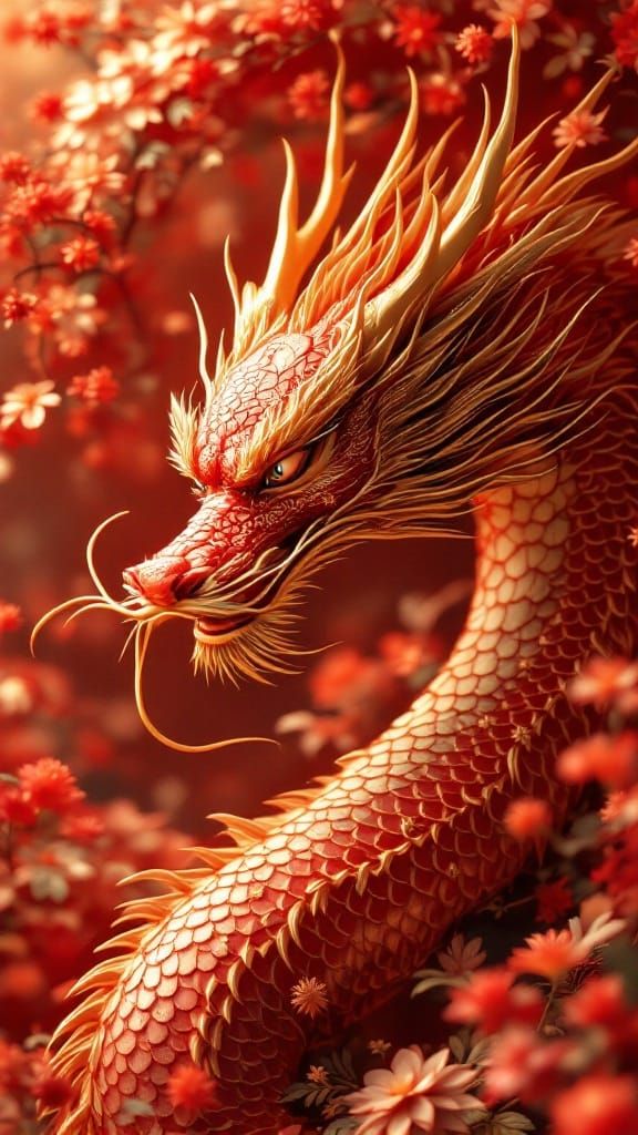 Crimson Dragon Scale with Golden Plants in 3D