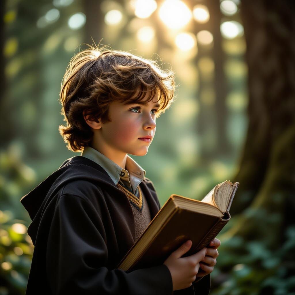 Boy Wizard Studies in Ancient Forest at Golden Hour