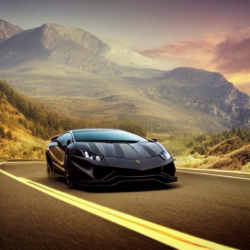 Lamborghini Speeding on Mountain Road at Sunset