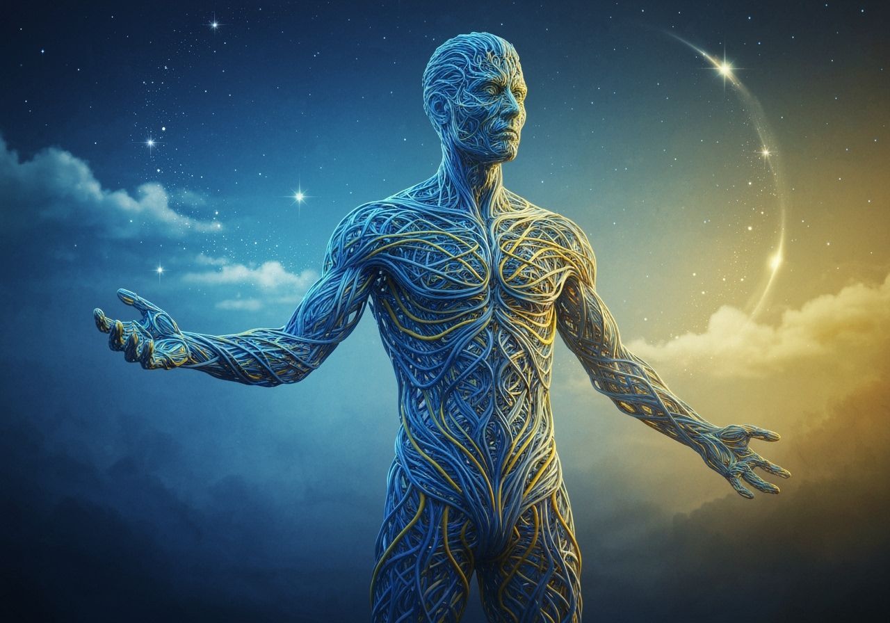 Wire Man Sculpture in Surreal Starry Landscape