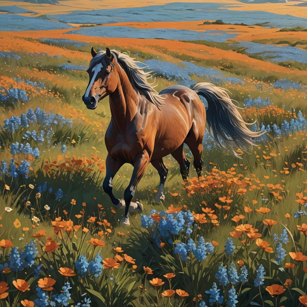 Horse in Flower Field: Digital Matte Painting
