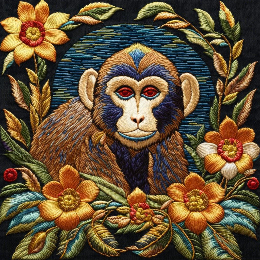 Metallic Monkey Embroidery on Jungle River