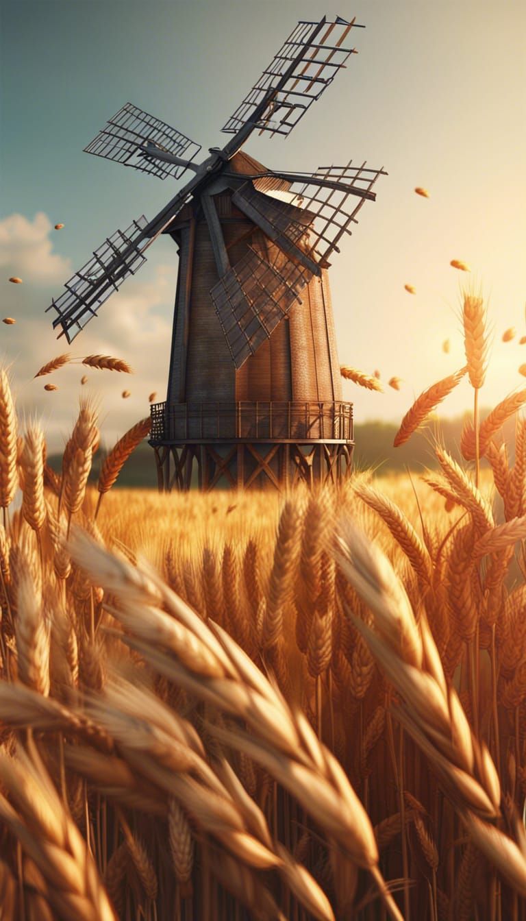 Granary Windmill in Wheat Field: Realistic 8K Image