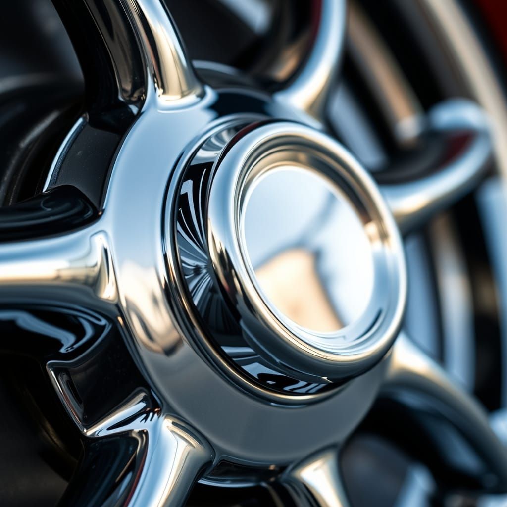 Macro close up of chrome car hubcap reflecting a classic Fifties car