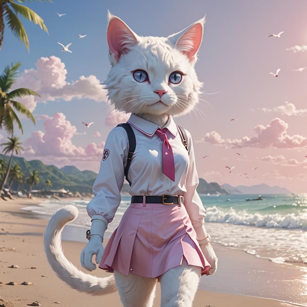 Anime White Cat Girl on the Beach