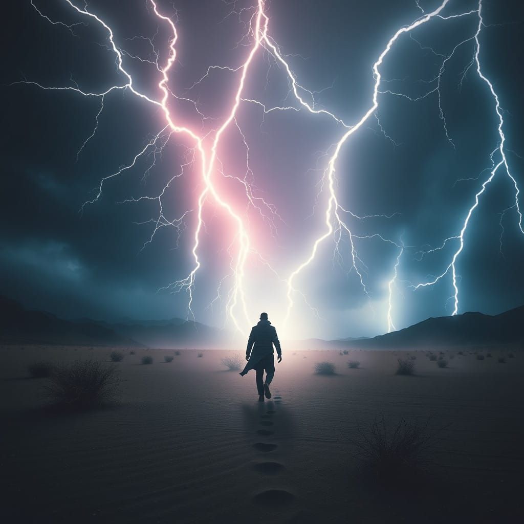 Mysterious Figure Surrounded by Electrical Storm in the Dese...