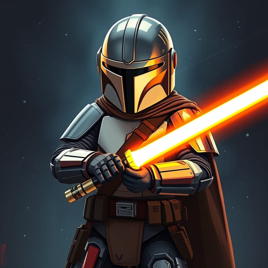 Mandalorian Warrior with Lightsaber, Gritty Sci-Fi Art