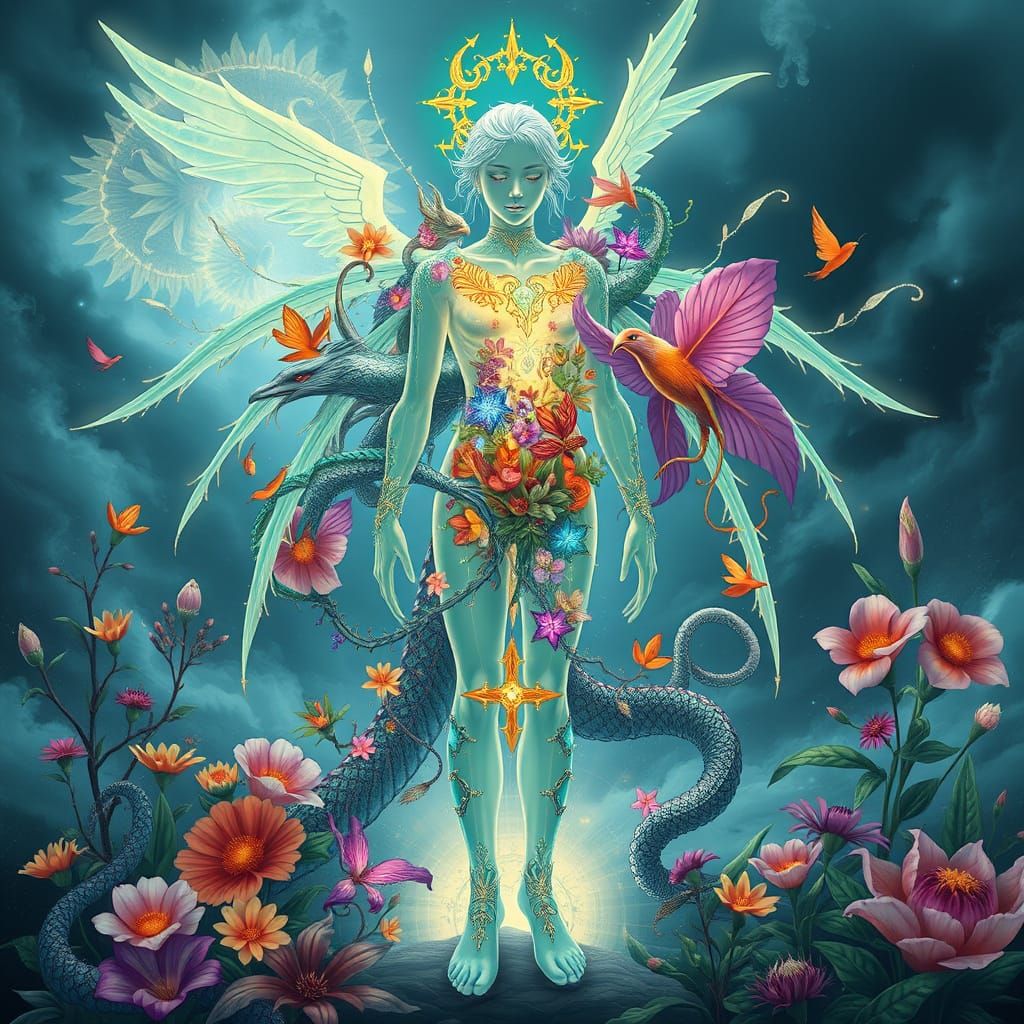 Ethereal Figure in Sacred Gear, Surrounded by Lush Botanical...