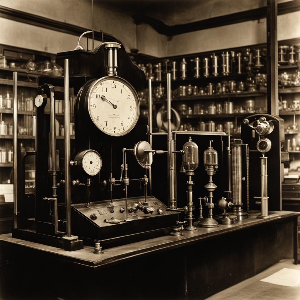 Chemist in 1930s Lab with Robot, Sepia Tone