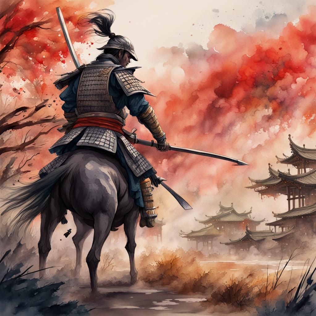 Samurai Warrior on Battlefield in Watercolor Style