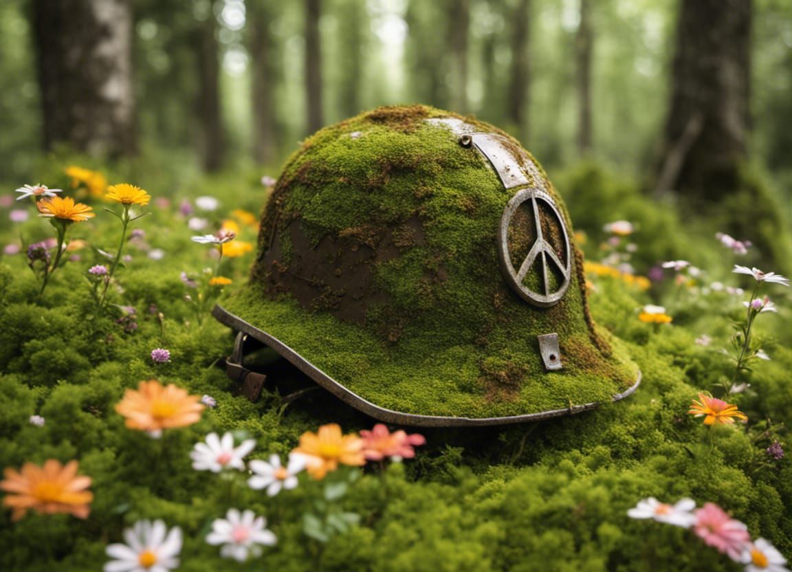 Peace Sign on Soldier's Helmet in Meadow