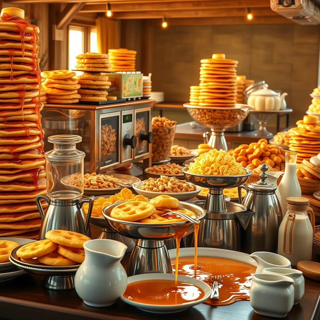 Abundant Breakfast Buffet with Syrup Fountain