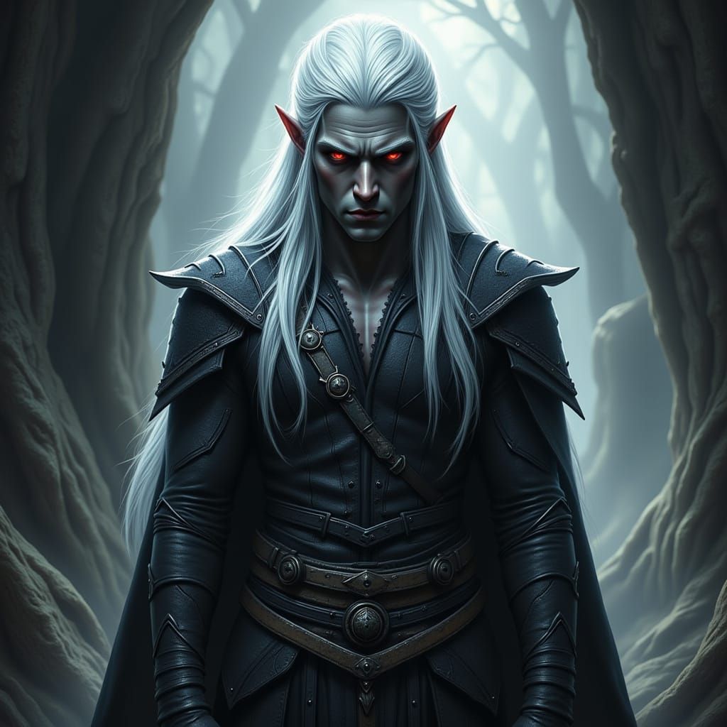Masculine Drow Elf in Black Leather Armor