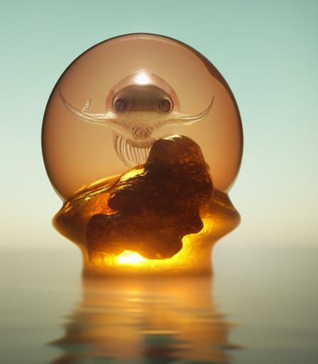 Alien Fish Encased in Aqua Crystal: Hyperrealistic Photo