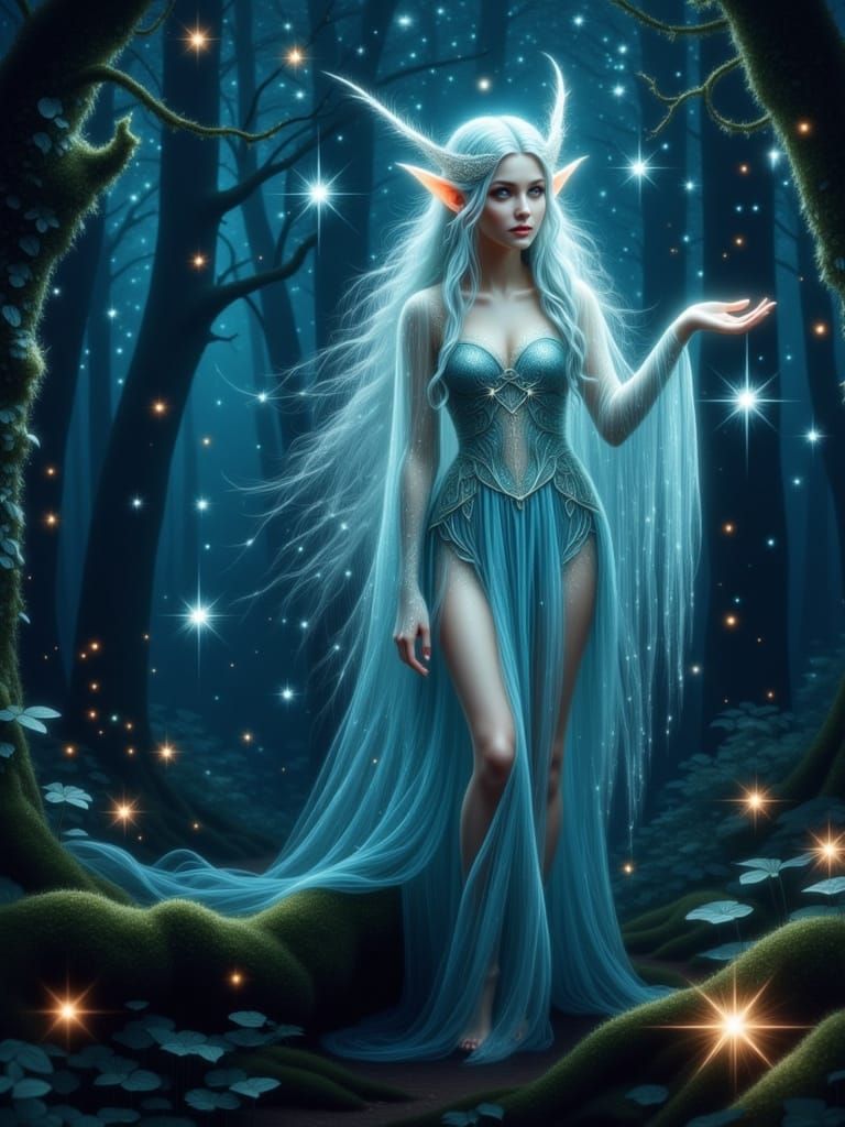 Ethereal Elf Fairy in Bioluminescent Forest