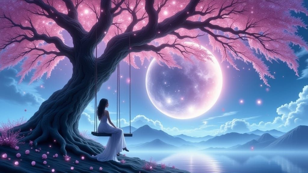 Magical Winter Sakura Tree With Woman on Swing