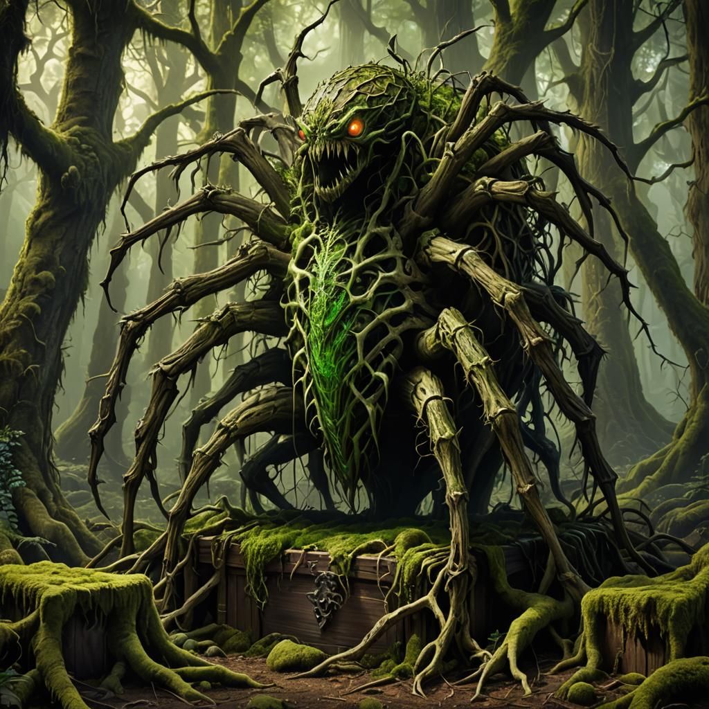 Giant Spider Forest Spirit Guarding a Chest