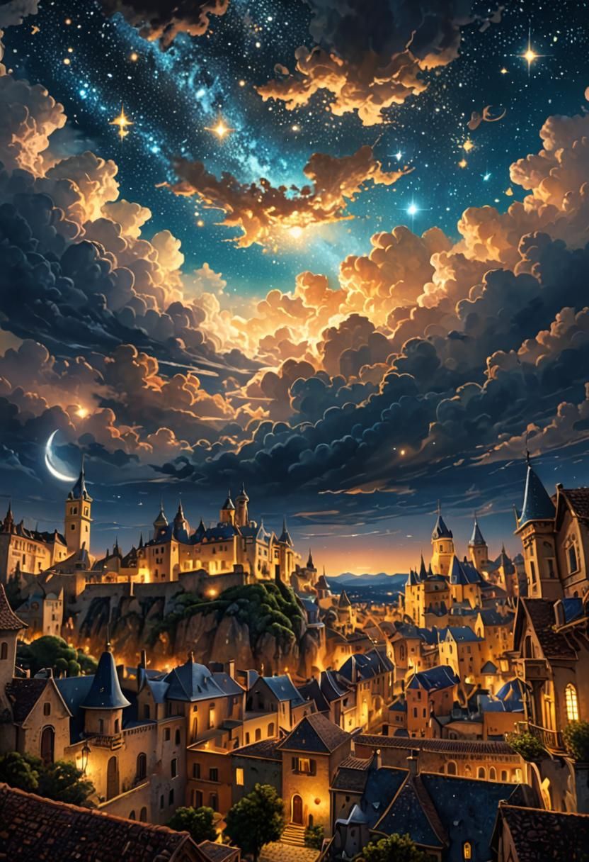 Intricate Stars Light Fantasy Town: Digital Art