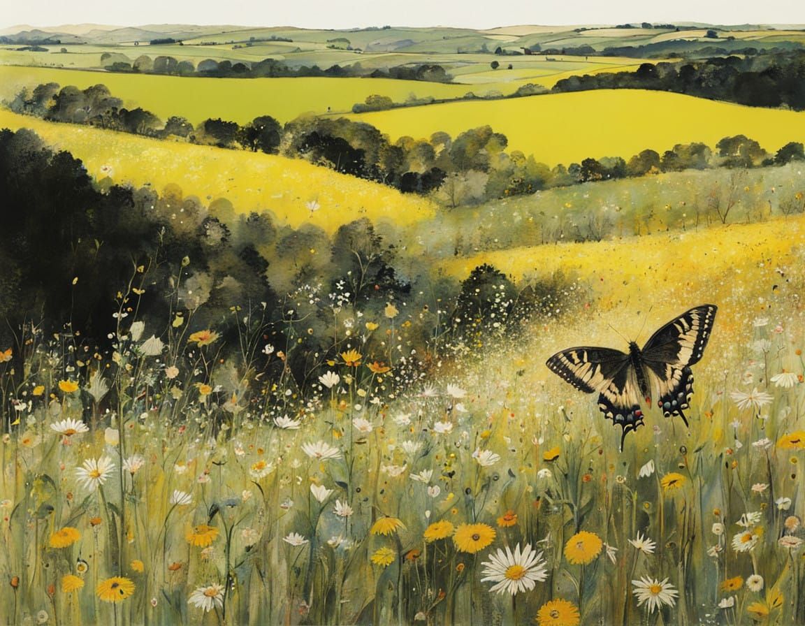 Whimsical Butterflies in a Dreamlike Garden Scene, in Waterc...