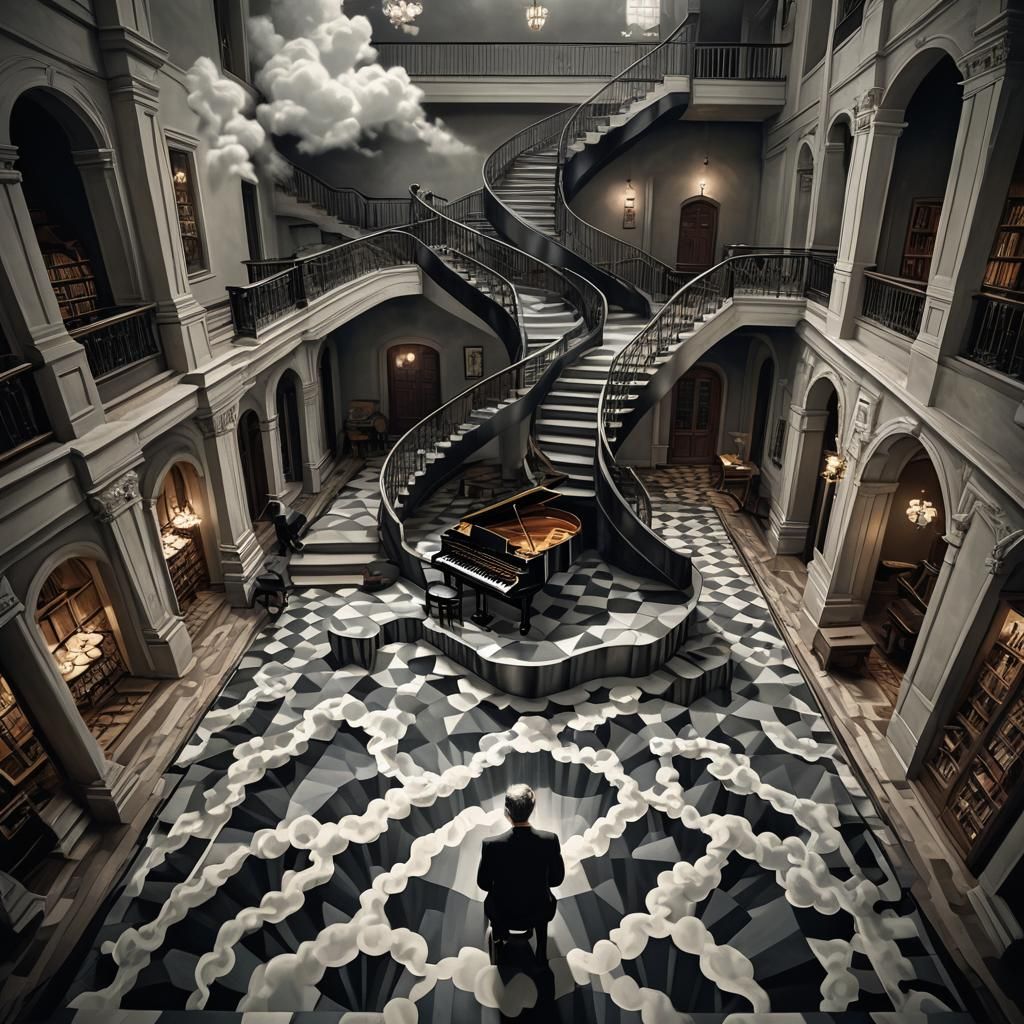Surreal Infinite Staircase Optical Illusion in Escher Style
