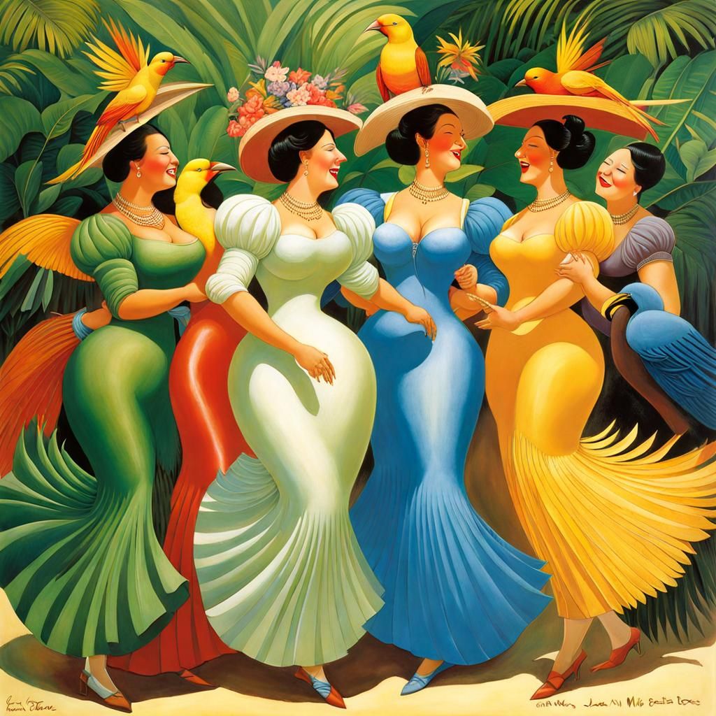 Dancing Ladies and Birds at Tropical Festival