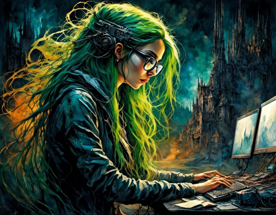 Cyberpunk Woman with Green Hair at Computer