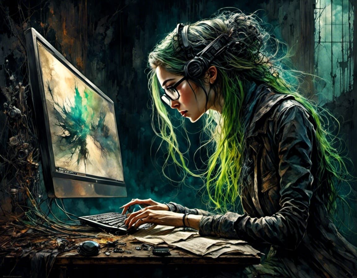 Cyberpunk Woman with Green Hair Reflective Glasses