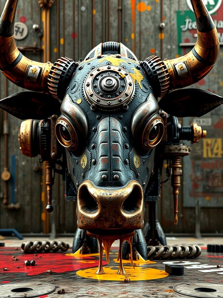 Futuristic Assemblage Art: Cybernetic Bull in Polished Metal