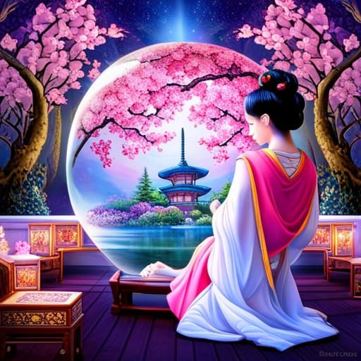 Geisha in Crystal Ball with Cherry Blossoms