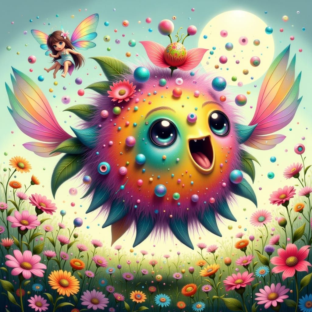 Whimsical Rainbow Fae Zooms Through a Vibrant Yard with Boun...