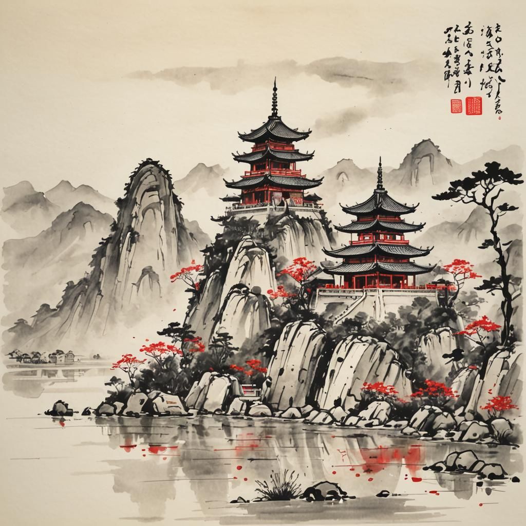 Twin Pagodas in Ink Wash Painting Landscape