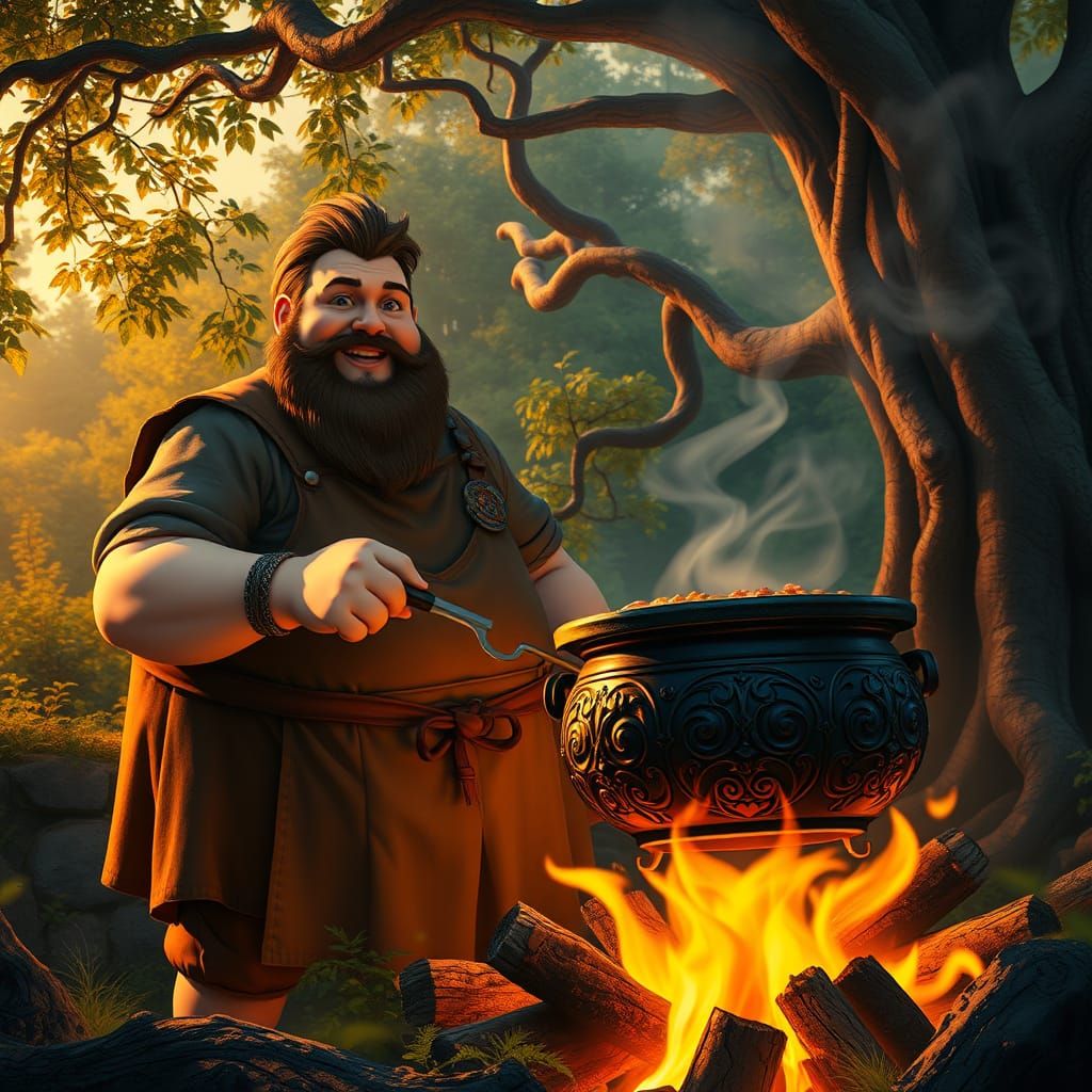 Fantastical Dwarf Chef in Whimsical Forest Scene