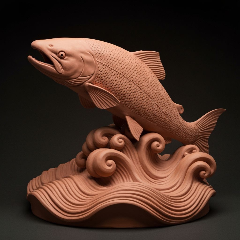 Terracotta Salmon Leaping from Sculpted Water