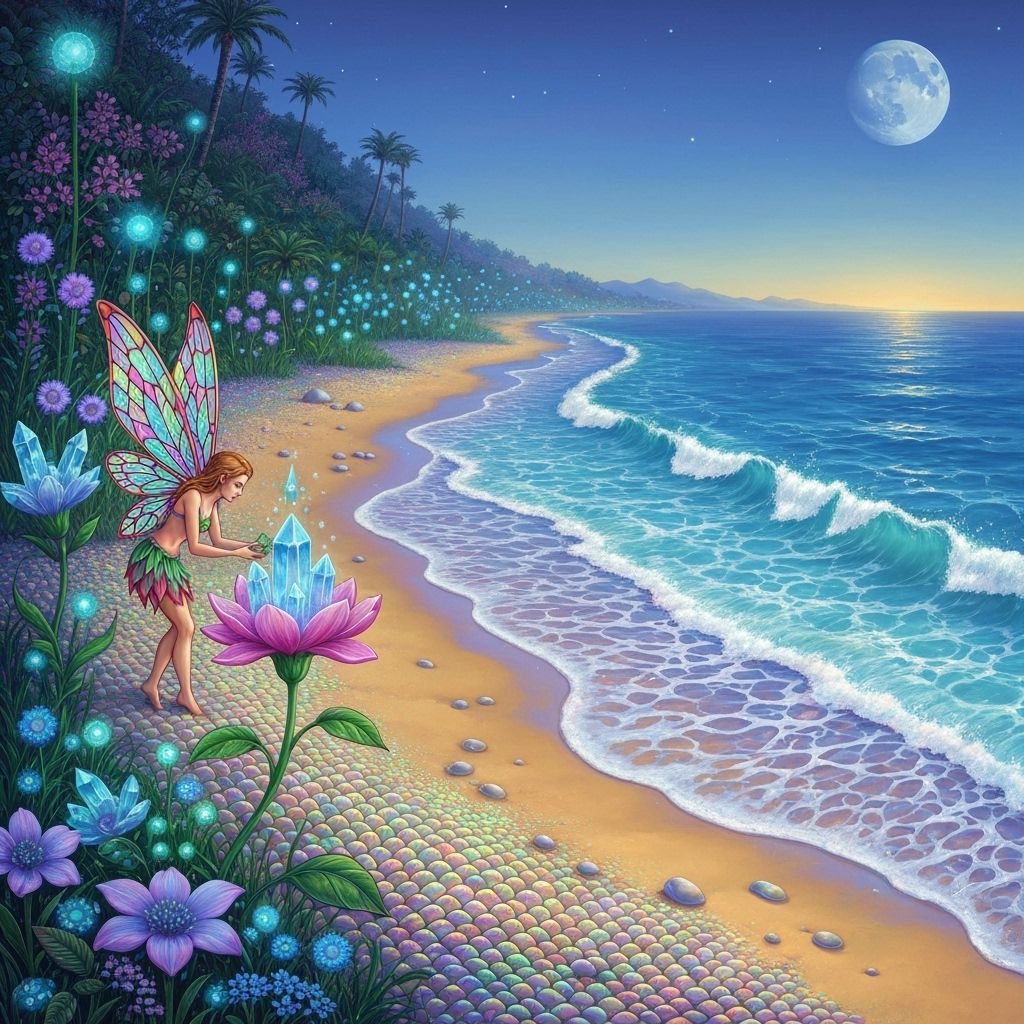 Iridescent Scale Beach With Moonlight Waves and Crystal Flow...