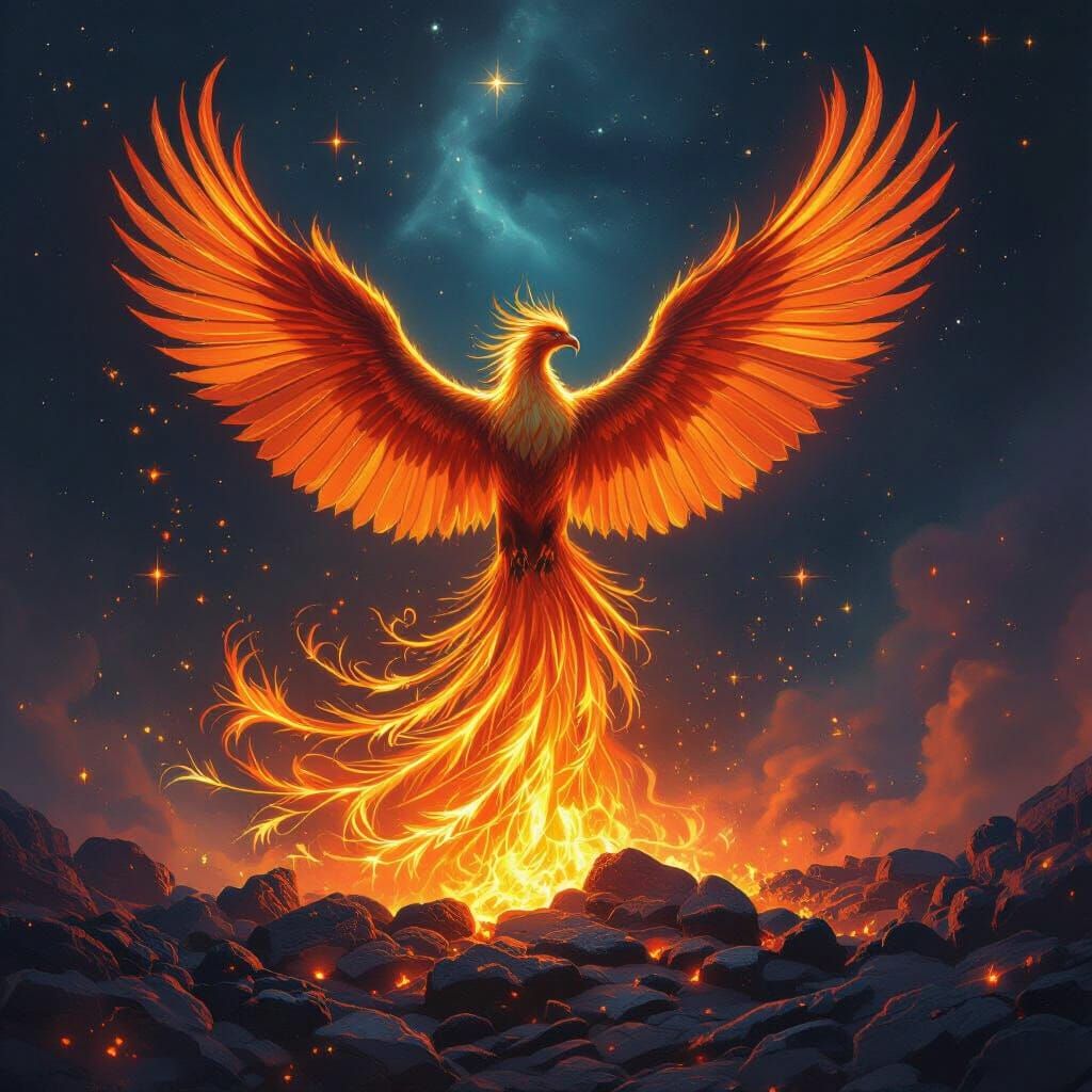 Phoenix Rising from Embers in Epic Fantasy Style