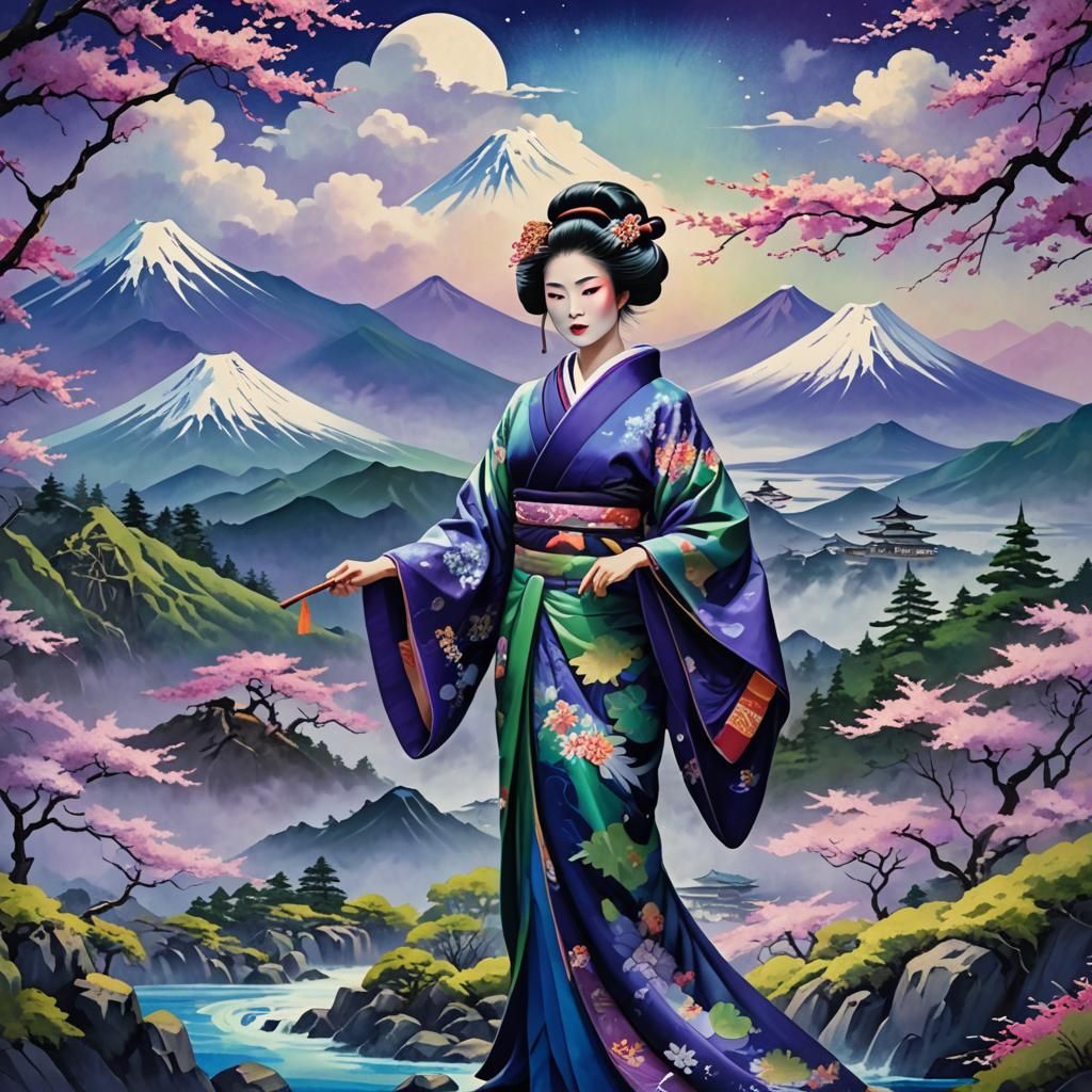 Geisha Before Mount Fuji: Impressionist Matte Painting