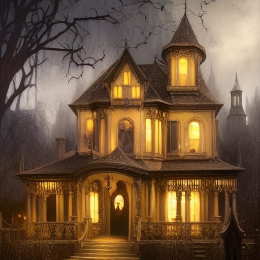 Spooky Halloween House in Gothic Art Nouveau Style
