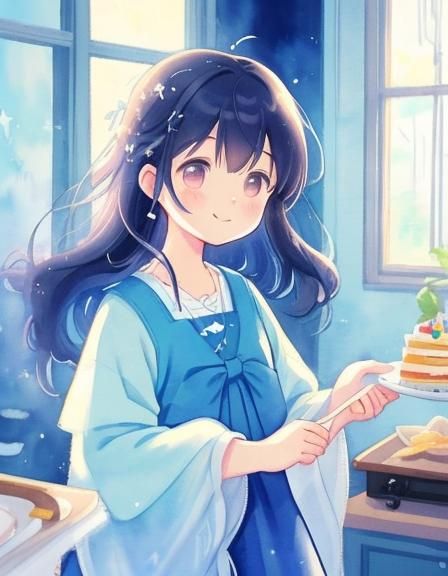 Cute Woman Baking Cake in Soft Anime Style