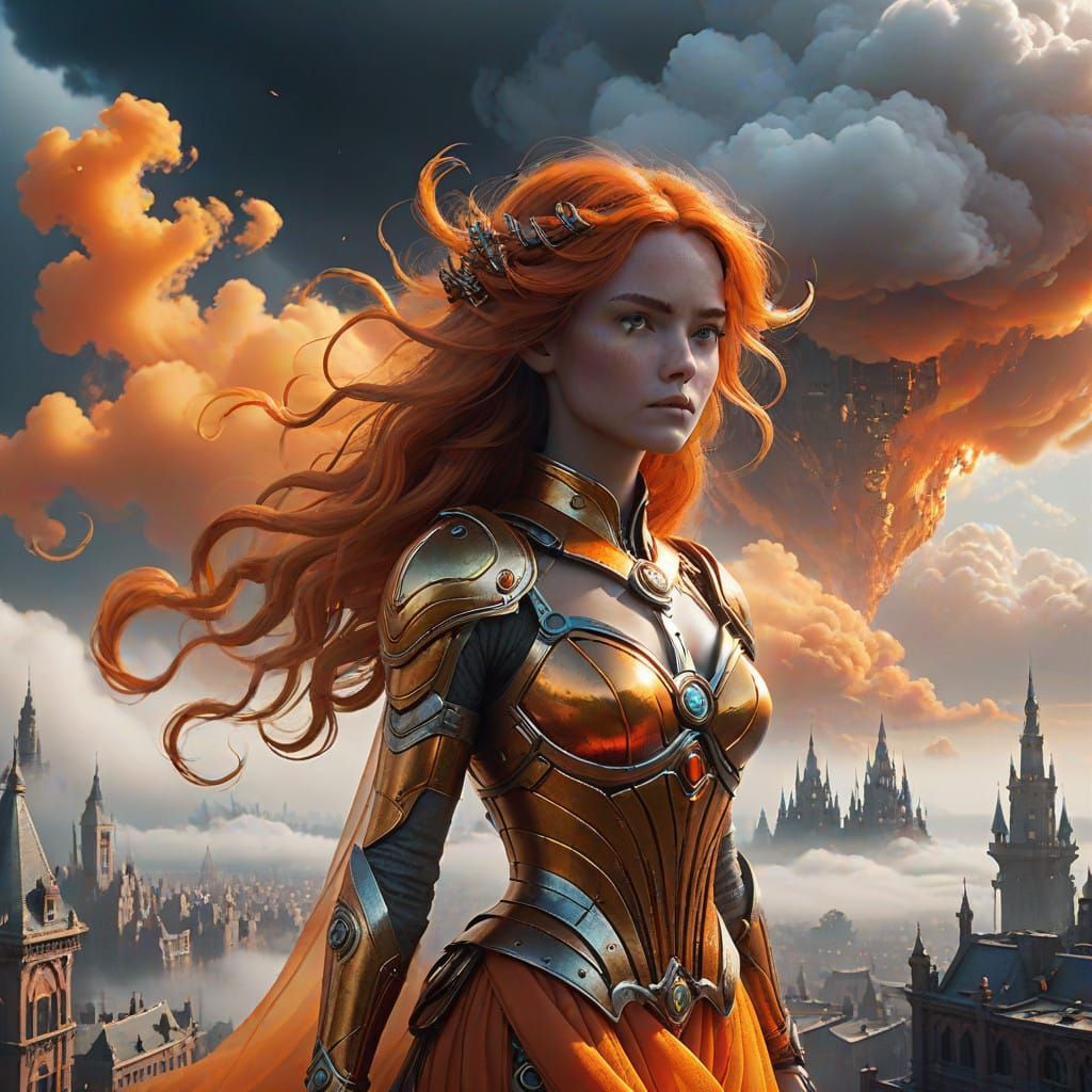 Ethereal Orange Air Elemental Woman in Whimsical Cloud Citys...