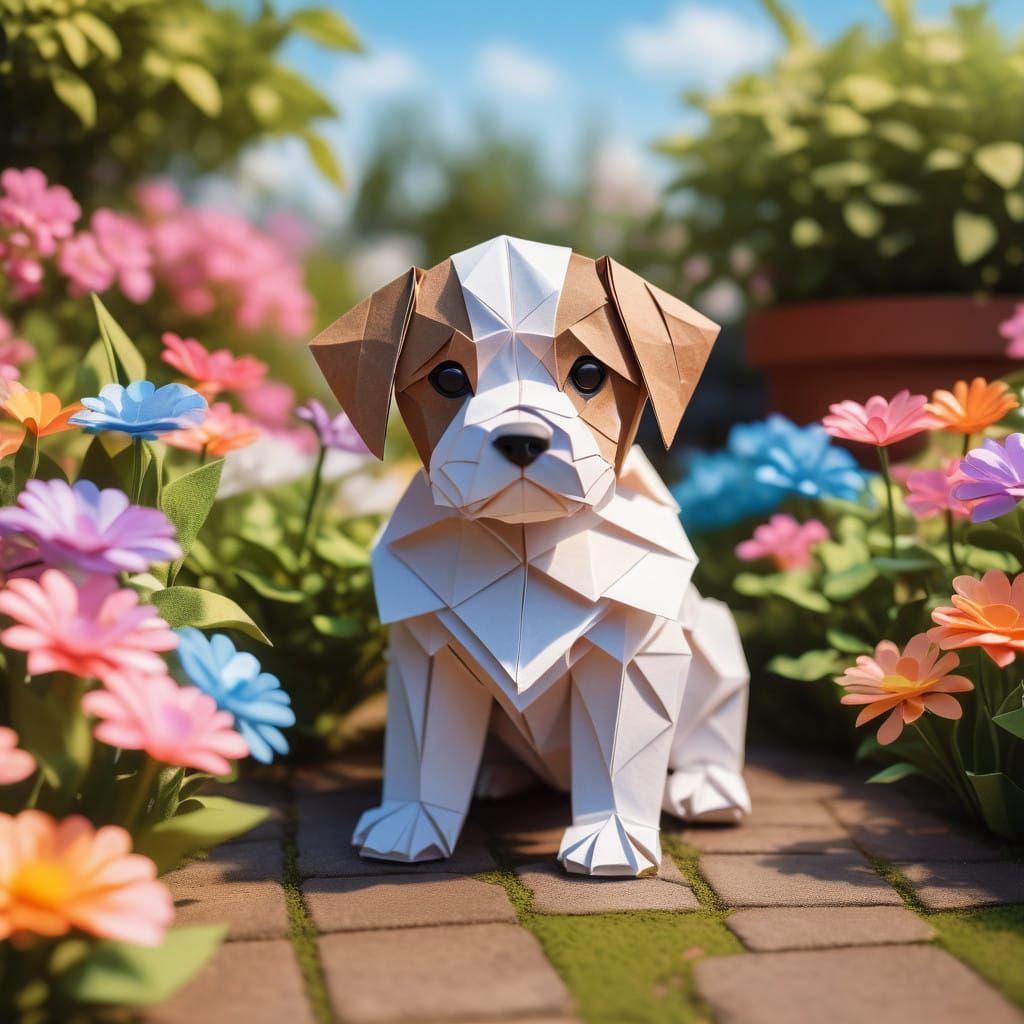 Charming Puppy Amidst Floral Bliss in a Whimsical Paper Art