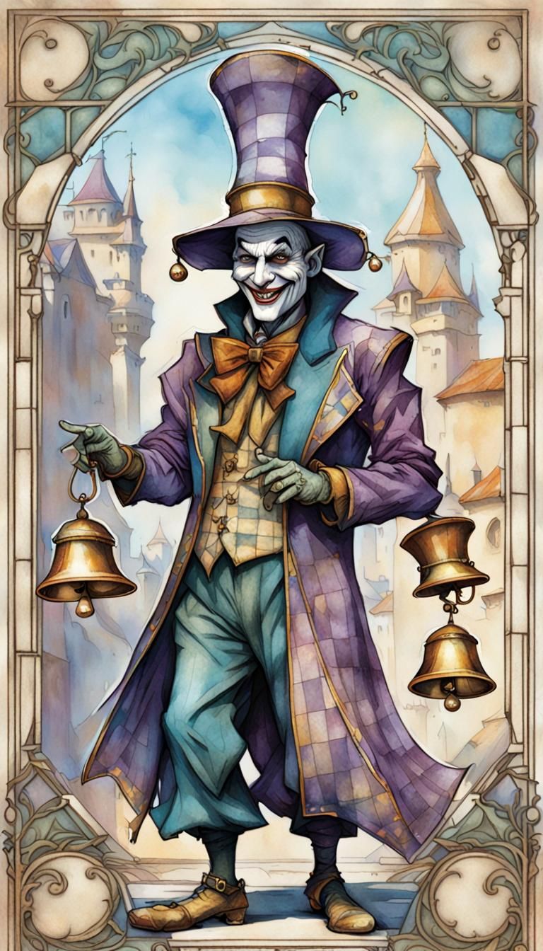 Medieval Jester Joker Card in Art Nouveau Style