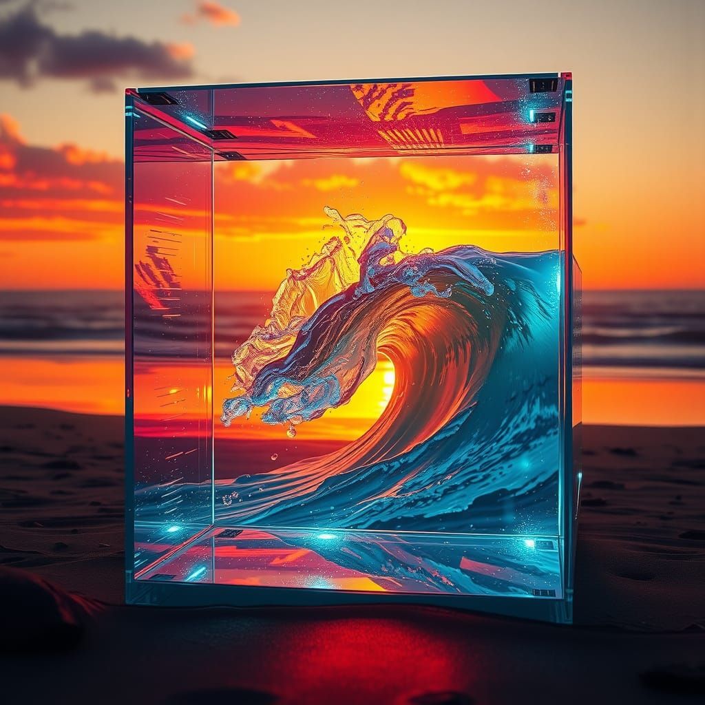 Wave in Glass Box: Hyper-Realistic Digital Art