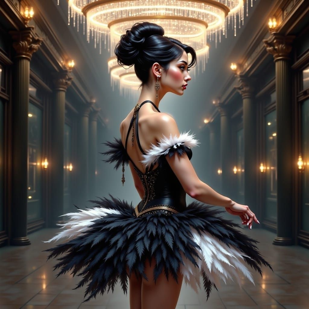 Elegant Ballerina in Swan Dress, Digital Drawing